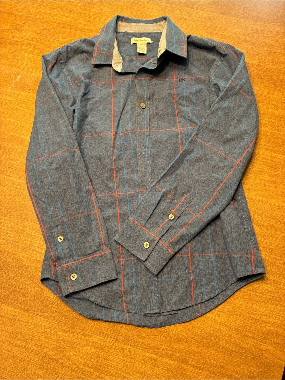 Calvin Klein Boys Navy Button-Down Shirt with Red & Light Blue Windowpane